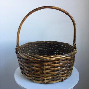 Vintage 1970s Brown Bamboo Handle Basket for Boho Jungalow Decor